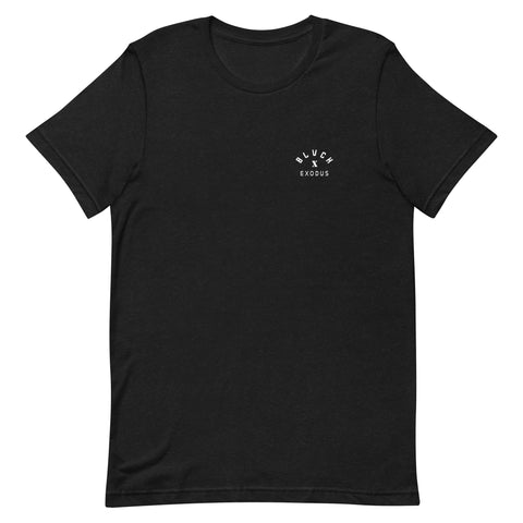 Black short-sleeve t-shirt with a white Blvck Exodus logo on the chest. Black t-shirt, Blvck Exodus, streetwear, urban fashion, Christian fashion



