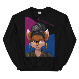 Black crewneck sweatshirt featuring a colorful anime girl graphic with glasses and a bun hairstyle, along with the Blvck Exodus logo Black anime sweatshirt, Blvck Exodus, streetwear, urban fashion, anime apparel, graphic sweatshirt
