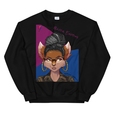 Black crewneck sweatshirt featuring a colorful anime girl graphic with glasses and a bun hairstyle, along with the Blvck Exodus logo Black anime sweatshirt, Blvck Exodus, streetwear, urban fashion, anime apparel, graphic sweatshirt

