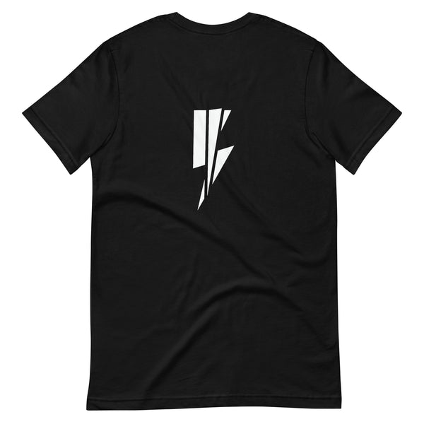 Black short-sleeve t-shirt with a white Blvck Exodus logo on the chest on back of shirt has large BLVCK Exodus 