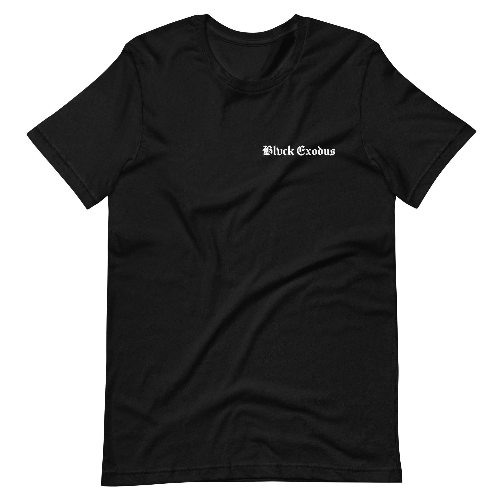Black short-sleeve t-shirt with a white Blvck Exodus logo on the chest

