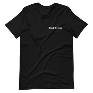 Black short-sleeve t-shirt with a white Blvck Exodus logo on the chest

