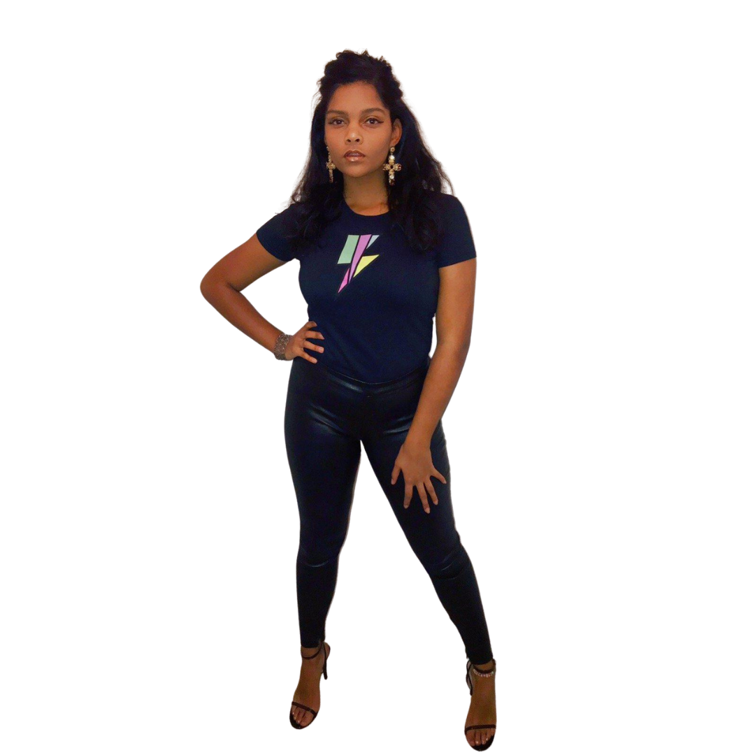 Woman wearing Black short-sleeve t-shirt with a colorful lightning bolt graphic and the Blvck Exodus logo in white text-Black t-shirt, Blvck Exodus, streetwear, urban fashion, Christian apparel, lightning bolt graphic, colorful design retro bolt

