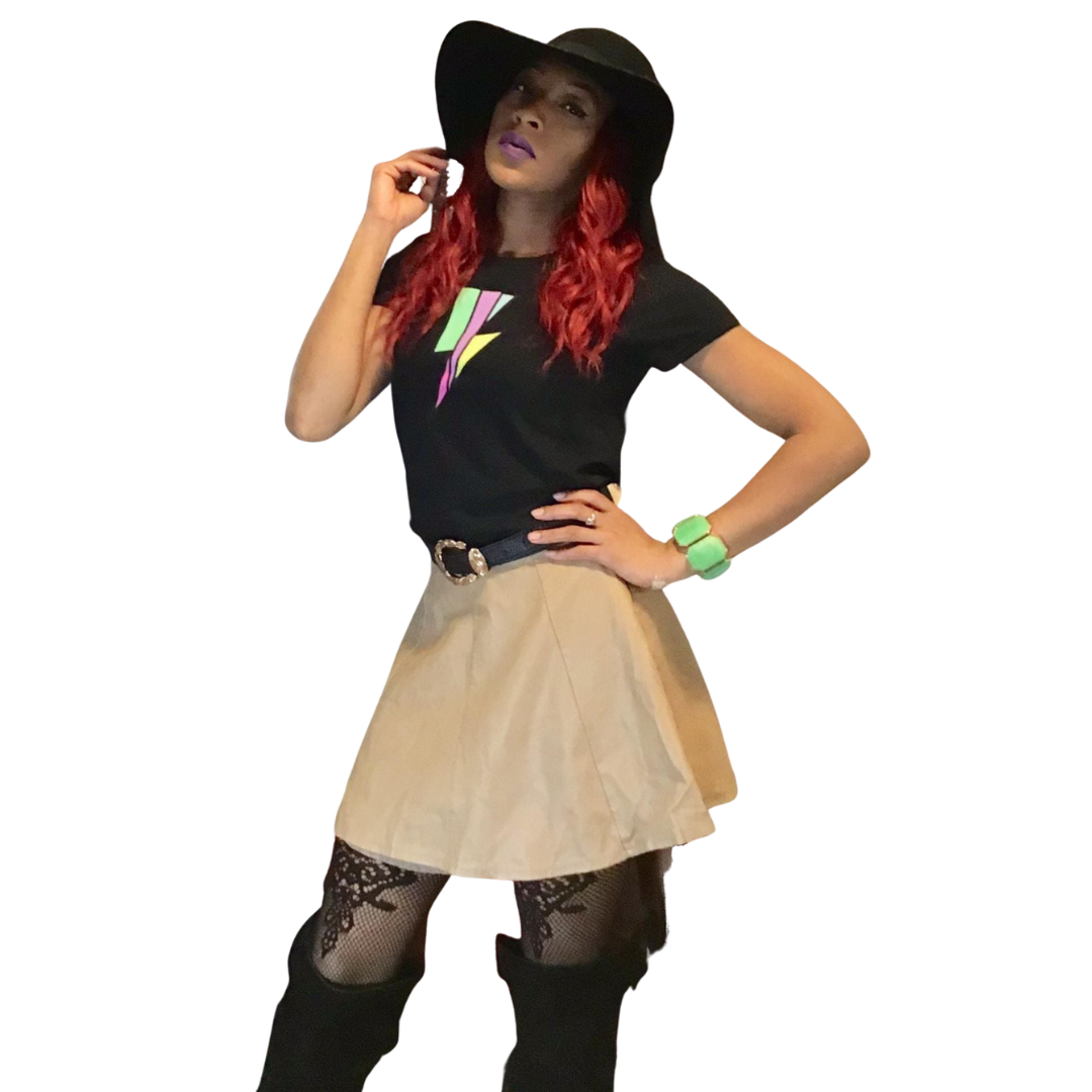 woman wearing Black short-sleeve t-shirt with a colorful lightning bolt graphic and the Blvck Exodus logo in white text-Black t-shirt, Blvck Exodus, streetwear, urban fashion, Christian apparel, lightning bolt graphic, colorful design
