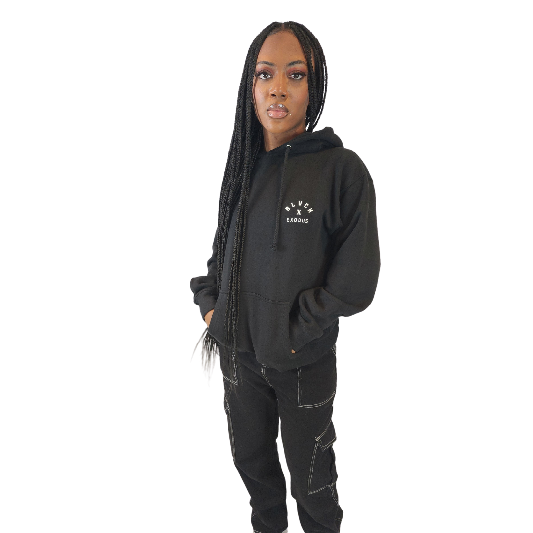 Women wearing Black pullover hoodie with a minimalist Blvck Exodus logo Black hoodie, Blvck Exodus, streetwear, urban fashion, Christian fashion, pullover hoodie