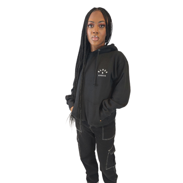 Women wearing Black pullover hoodie with a minimalist Blvck Exodus logo Black hoodie, Blvck Exodus, streetwear, urban fashion, Christian fashion, pullover hoodie