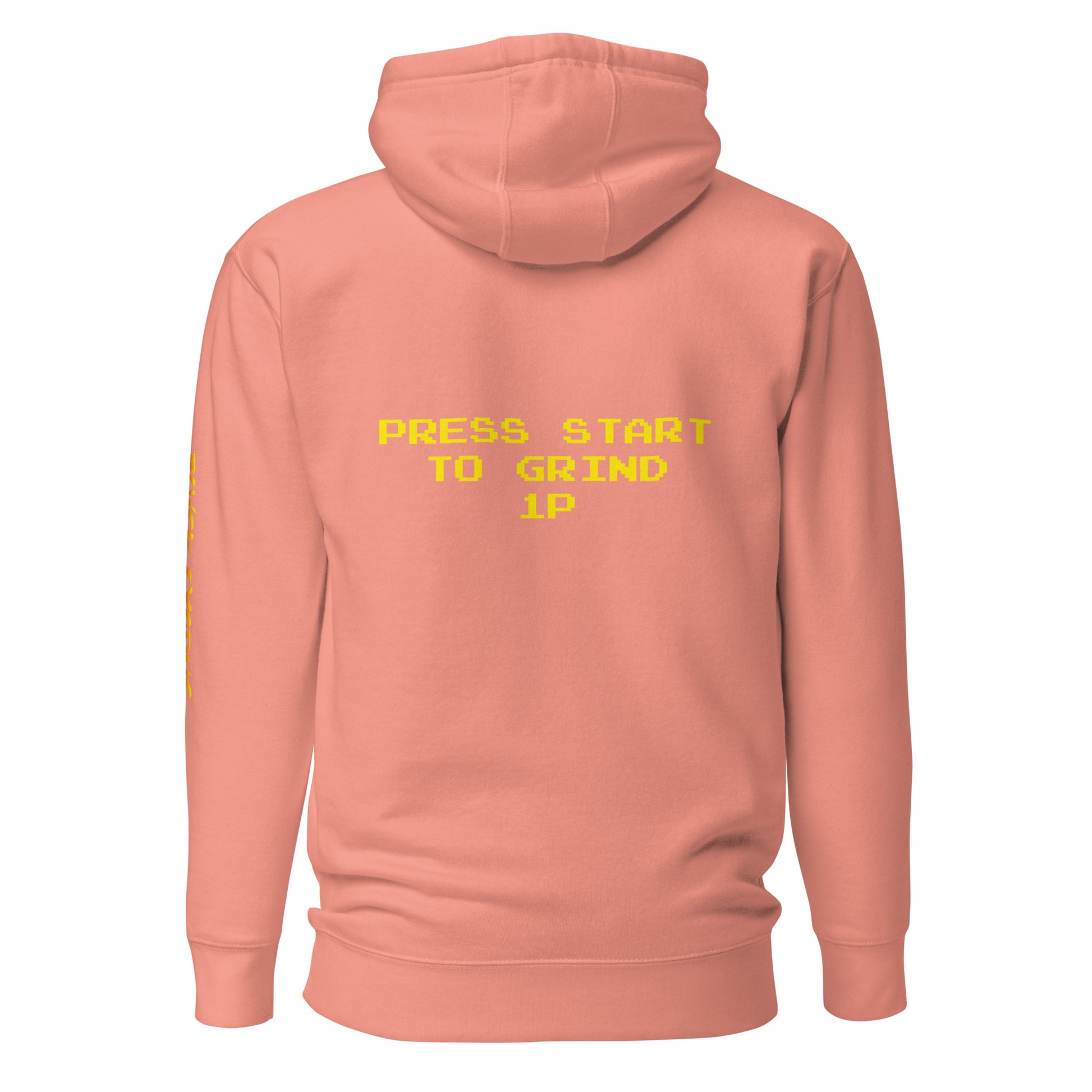 Pink unisex  hoodie with a yellow "Press Start to Grind" graphic on the back

