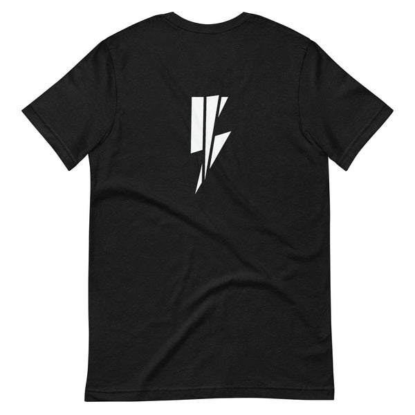 Black short-sleeve t-shirt featuring a minimalist white lightning bolt graphic on the back