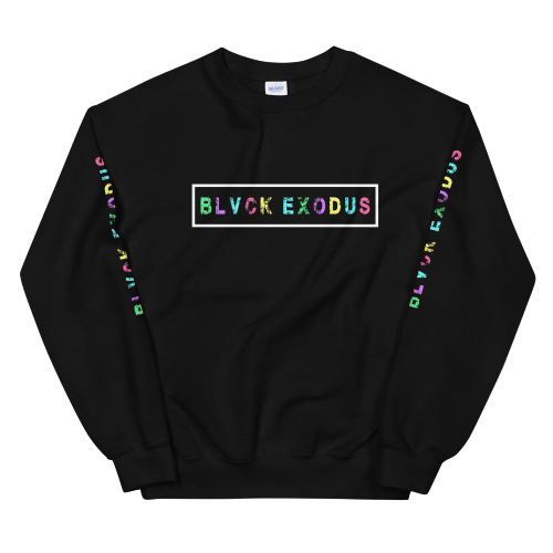 colorful retro design Black crewneck sweatshirt with a white box framing the Blvck Exodus logo in colorful text, and the logo repeated in colorful text on the sleeves