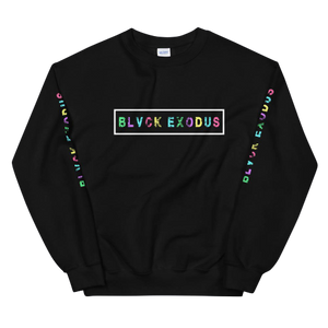 colorful retro design Black crewneck sweatshirt with a white box framing the Blvck Exodus logo in colorful text, and the logo repeated in colorful text on the sleeves