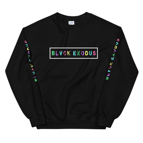 colorful retro design Black crewneck sweatshirt with a white box framing the Blvck Exodus logo in colorful text, and the logo repeated in colorful text on the sleeves