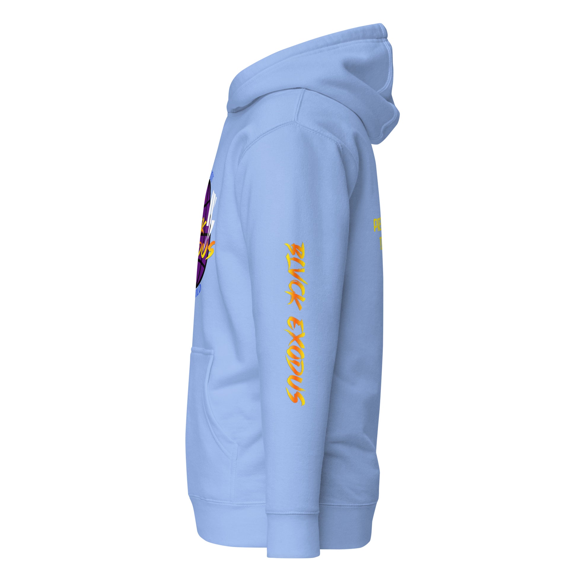 Left arm says Blvck Exodus on light blue graphic hoodie