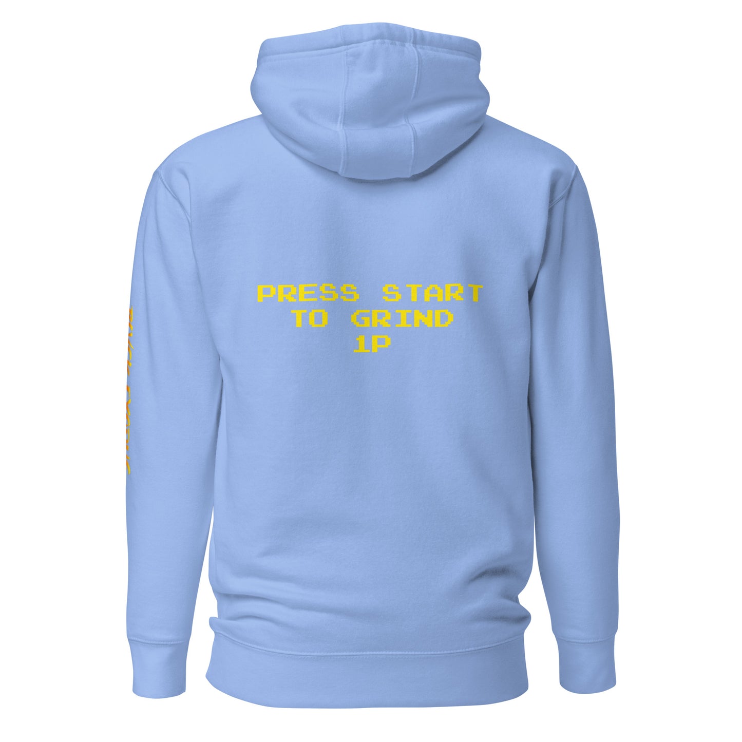 Light blue hooded sweatshirt with a yellow "Press Start to Grind" graphic on the back
