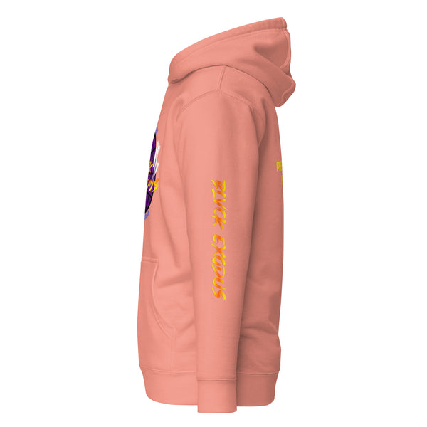 BLVCk exodus written on left sleeve of hoodie pull over hoodie with graphics on front back and sleeve 